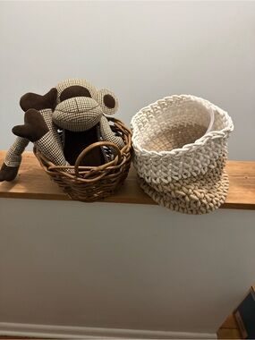 Handwoven Two-Tone Storage Basket - Cream & Tan, Sock Monkey Weighted, basket